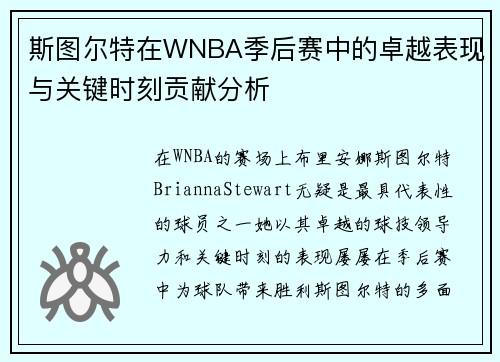 斯图尔特在WNBA季后赛中的卓越表现与关键时刻贡献分析